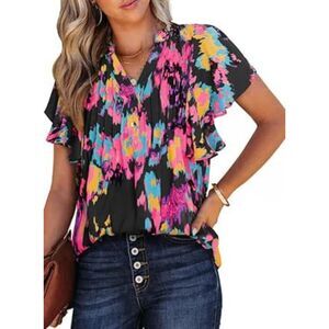 SHEWIN Casual V Neck Boho Floral Short Sleeve Flowy Multicolor Tunic Top Sz S